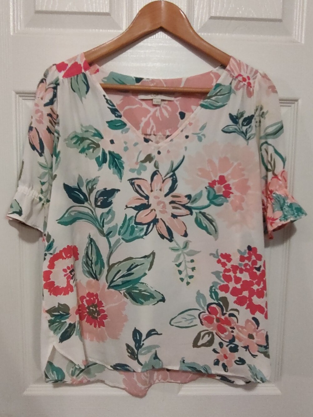 LOFT Cream Floral V-Neck Blouse with Pink & Green Accents